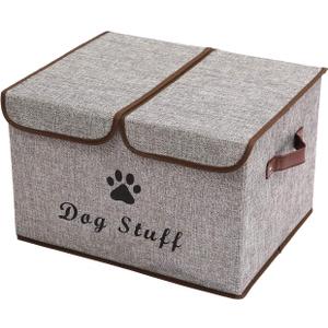 Geyecete Large Storage Boxes - Large Linen Fabric Foldable Storage Cubes Bin Box Containers with Lid and Handles for Dog Apparel & Accessories, Dog Coats, Dog Toys, Dog Clothing(Grey) (Gray)