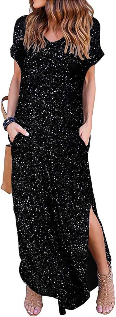 HUSKARY Women's Summer Maxi Dress Casual Loose Pockets Long Dress Short Sleeve Split Maxi Dresses (Large, Foil Silver)