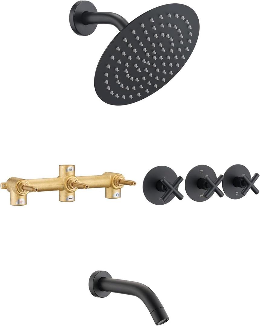 PROOX 3 Handle Tub Shower Faucet Set, 8" Rainfall Shower Head with Tub and Shower Trim Kit with Rough-in Valve, Matte Black Bathtub Shower Faucets, Wall Mounted Bathroom Rain Shower System