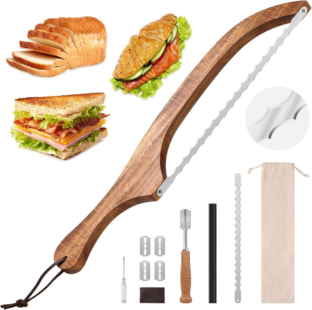Bread Knife Set, Acacia Wood(15.7") - Double Serrated Bread Knife for Homemade Bagels, Baguettes and More - Sourdough Bread Slicer, Cuts Thin, Even Slices - Premium Stainless Steel (0.6mm Blade thickness)