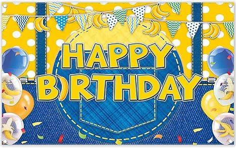 Fabric 72x43inch Yellow Jeans Cartoon Happy Birthday Backdrop Banana Balloon Flag Boy Party Decorations Kids Supplies Photo Booth Props Cake Table Banner