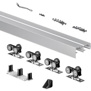 Heavy Duty Bypass Sliding Closet Door Track Hardware 96", 8 FT Aluminium Pocket Track Rail Set, Smoothly and Quietly, for 2 Door System,Silver
