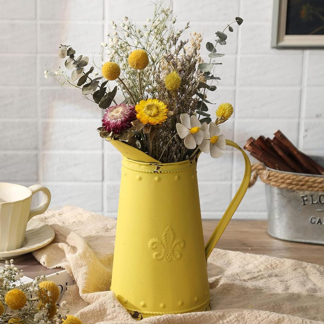 APSOONSELL French Style Shabby Chic Vase Metal Flower Vase Vintage Jug Rustic Farmhouse Decor for Home, Yellow, 4.72"L x 4.72"W x 8.26"H