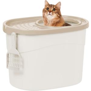 IRIS USA Cat Litter Box, Large Top Entry with Litter Catching Lid and Scoop, Dog Proof, Enclosed Cat Litter Box, White/Beige