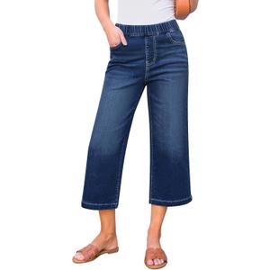 GRAPENT Capri Jeans for Women Wide Leg High Waisted Effortless Flow Pull On Stretchy Denim Elastic Waist Pants with Pockets (Blue, M)