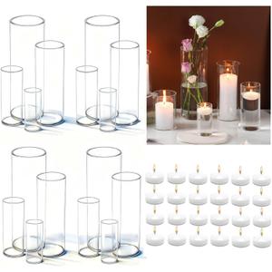 UDU Set of 16 Cylinder Glass Vases and 24 Pcs Floating Candles for Centerpiece, 4,6,8,10 Inch Tall Clear Hurricane Candle Holder Glass Vases for Centerpiece Table Wedding Home Decor