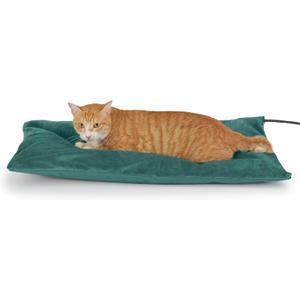 Outdoor Heated Cat Bed, Soft Pet Heating Pad with Steel-Wrapped Cord, Outside Pet Warmer for Feral Cats and Dogs, 27.5" x 15.7", 50 Watts (Green)