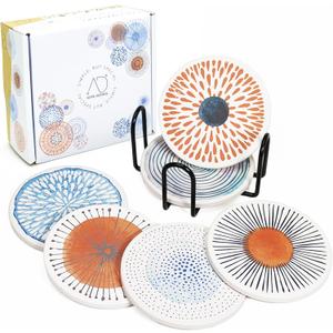 AD Set of 6 Coasters for Drinks Absorbing Round Ceramic Stone Coaster with Cork Base Tabletop Protection Mat for Mugs and Cups,Office,Kitchen (Colorful with Holder)