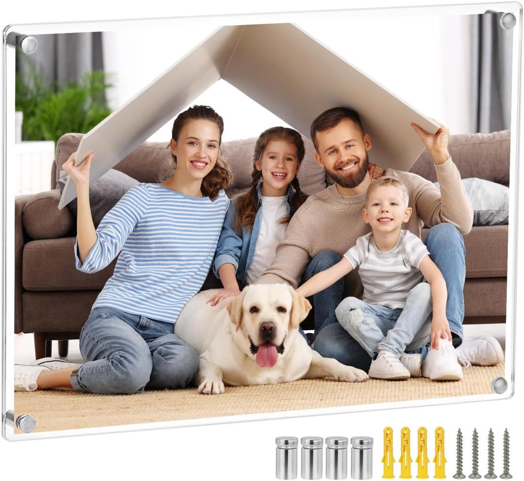 QWORK 18x24 Clear Acrylic Floating Frameless Picture Frame - Double Panel, Wall Mount, UV Protection, for Degrees, Certificates, Photos (Full Frame 20.5x26.5 inch)