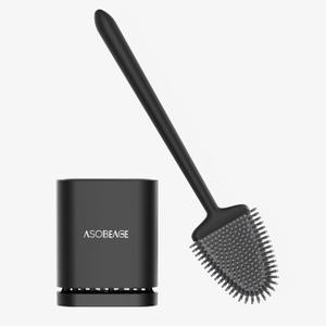 ASOBEAGE Deep Cleaner Toilet Brush: Silicone Toilet Brush with No-Slip Long Plastic Handle and Flexible Bristles, Quick Drying Holder Set for BathroomBlack