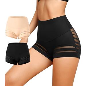 ASIMOON Tummy Control Boyshorts Underwear for Women Stretch High Waisted Shapewear Sexy Mesh No Show Panties for Ladies, S, 2 Pack