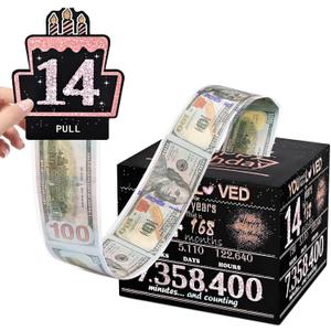 2 x Money Gift Box, 14th Birthday Decorations For Girls, Birthday Gifts For 14 Year Old Girl With 100Pcs Transparent Bags - Black & Rose Gold