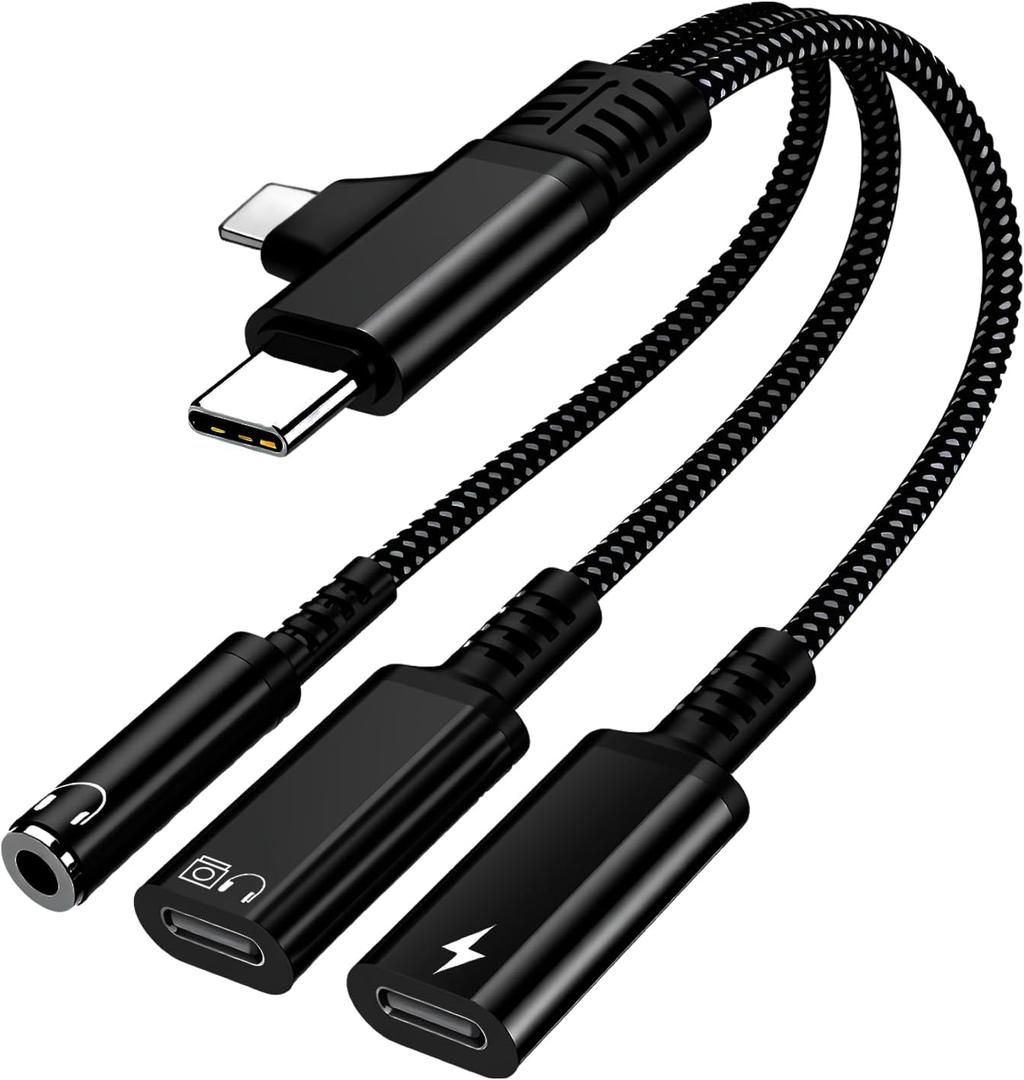 2 + 3 USB C/Lightning to Typ-C Charging/Headphones Dual Ports Plus 3.5mm Headphones with PD Fast Charging, Compatible with Lightning and USB C Ports (Black)