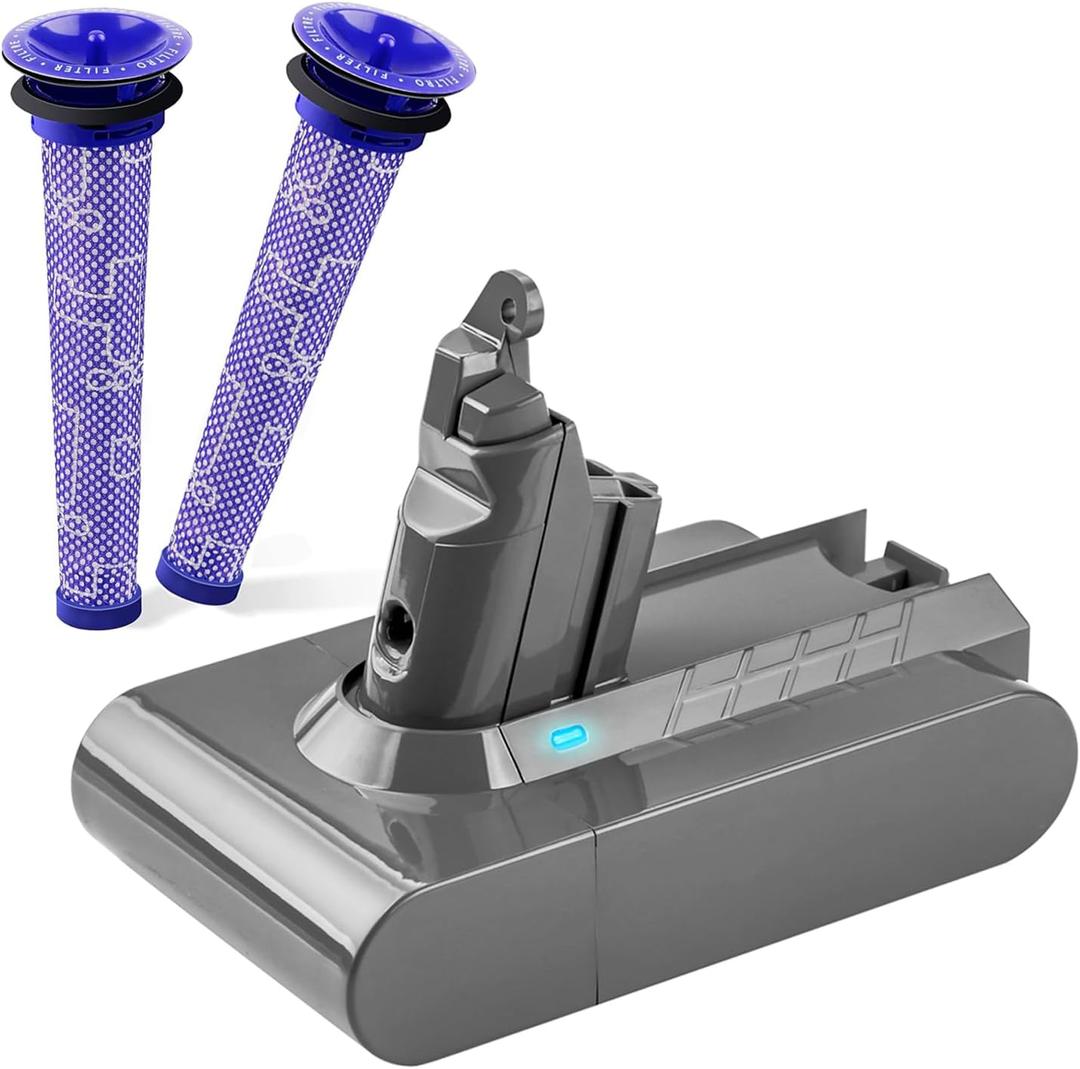 6500mAh V6 Battery+2Pcs Filters Compatible for Dyson V6 Animal/Absolute/Motorhead/Fluffy SV03 SV04 SV05 SV06 SV07 SV09 DC58 DC59 DC61 DC62 DC72 DC74 6 Cell VTC4 Vacuum Battery Replacement