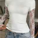 SHENHE Women's Lace Long Sleeve Boat Neck Fitted Tee Fake Two Piece Y2k Going Out Crop Top (White, XS)