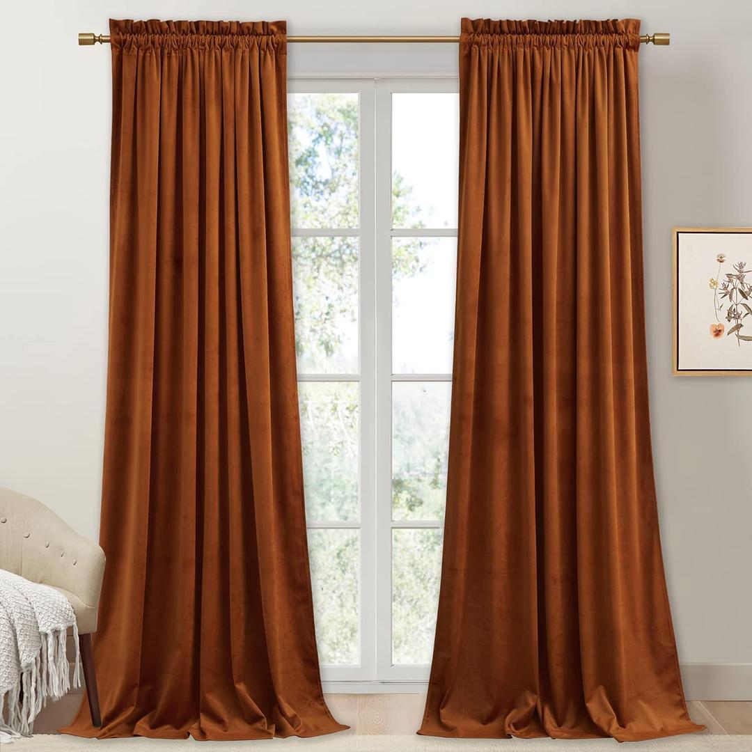 StangH Burnt Orange Velvet Curtains 96 inches Long, Fall Curtains Terracotta Living Room Light Blocking Privacy Window Drapes for Patio Sliding Door/Dining Room, W52 x L96, 2 Panels