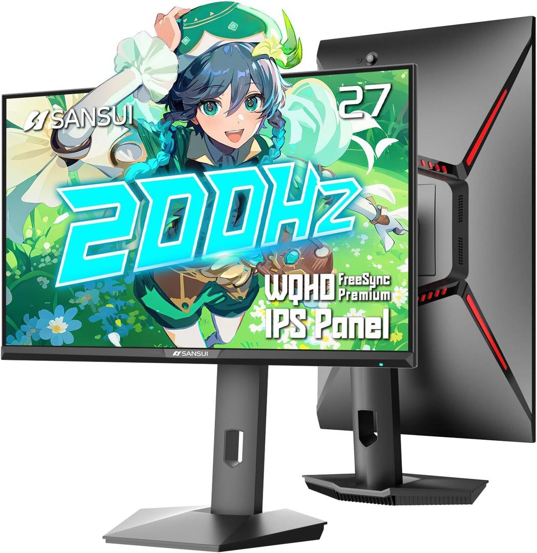 SANSUI Gaming Monitor 27" 1440P 200Hz 180Hz WQHD 25601440-AMD FreeSync 1ms DCI-P3 95% Fast IPS Computer Monitor,Height Adjustable Vertical/Horizontal Rotating, 2DisplayPort/HDMI HDRLow Motion Blur