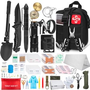 238Pcs Emergency Survival Kit and First Aid Kit, Professional Survival Gear Tool with Tactical Molle Pouch and Emergency Tent for Earthquake, Outdoor Adventure, Camping, Hiking, Hunting (B-Black(Included Shovel))