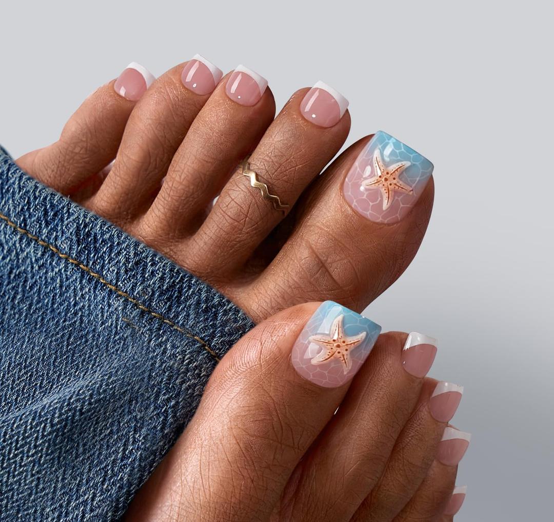 BTArtbox Press On Toenails Short - Tide Play Pedi, Easy-to-Apply 3D Starfish French Tip Square Toe Nail Press Ons with Glue and Adhesive Tabs in 15 Sizes - 30 Toenails All-in-One Kit