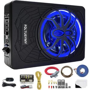 1200W 10" Slim Under Seat Powered Car Subwoofer, High/Low Level Input, Car/Truck Audio Sub Built-in Amplifier amp Combo Package, with Blue LED Light