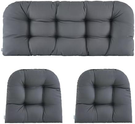 ZEOLABS Wicker Chair Cushions of 3 Pieces Waterproof Tufted Outdoor Seat Cushions for Patio Furniture Sofa Settee Couch,1 Loveseat and 2 U-Shaped Cushions,Dark Grey