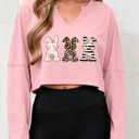Women's Easter Bunny Sweatshirts Long Sleeve V Neck Cropped Cute Rabbit Shirts Graphic Tops (Pink, M)