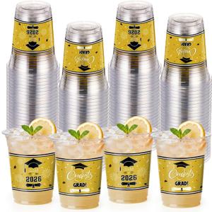 Honeydak 50 Pcs Graduation Cups 12 oz Class of 2026 Plastic Cups Gold and Black Graduation Party Disposable Drinking Glasses for Congrats Grad School Classroom Party Favors Supplies Decoration