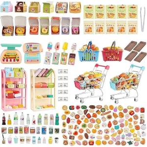 196Pcs Dollhouse Miniature Store Grocery Accessories Mini Shopping Cart Basket 4 Three-Layer Shelves Supermarket Metal Handcart Resin Food Drink Bottle Cash Register Packaging Box