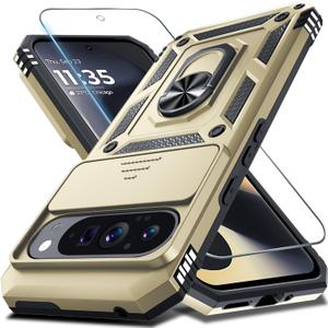Janmitta Case Compatible with Google Pixel 9 Pro XL Built in Slide Camera Lens Cover+Screen Protector+Finger Ring Holder Kickstand,Heavy Duty Shockproof Full Body Protective Phone Cover,Gold