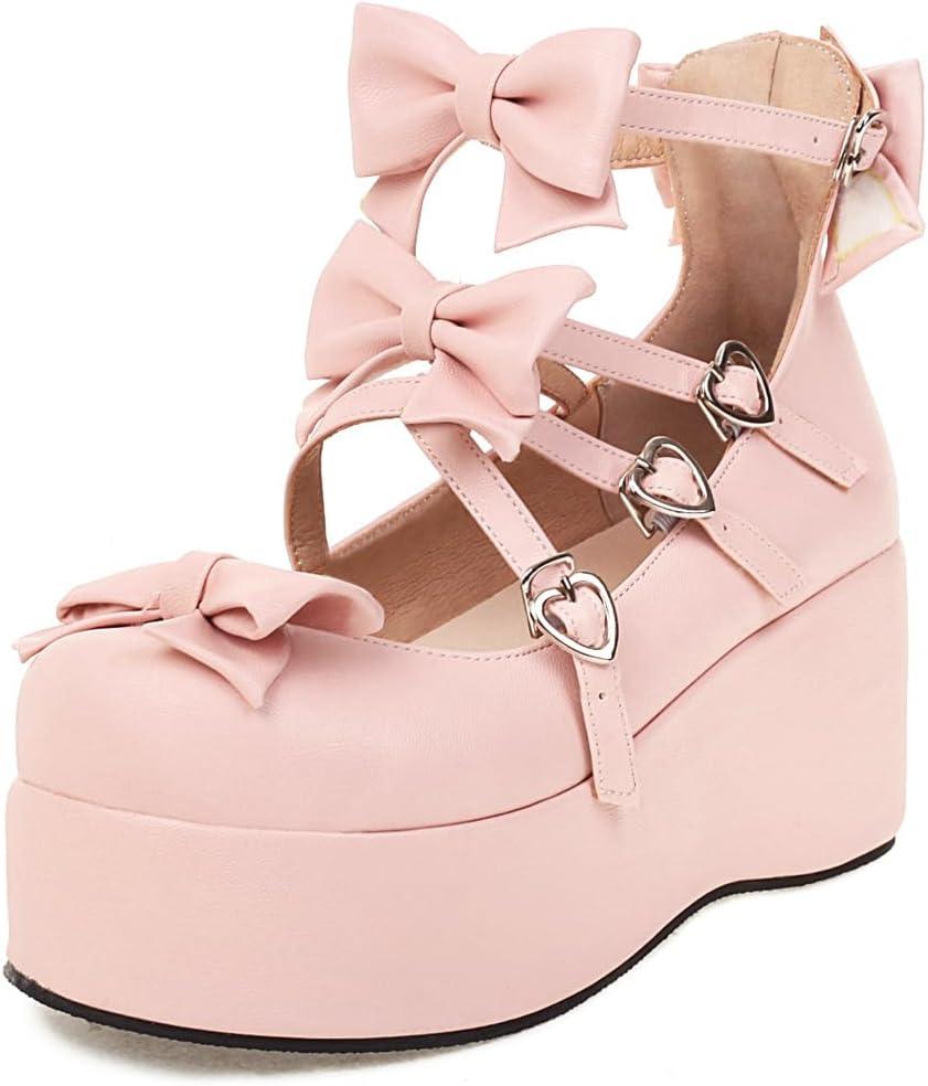 Elbslutt Womens Goth Mary Jane Shoes Platform Kawaii Cosplay Girls Lolita Shoes Round Toe Buckle Cross-Tied Strap Chunky Wedge Heel Bow Y2k Ankle Strap Dress Pumps Oxfords Shoes (9.5, Pink)