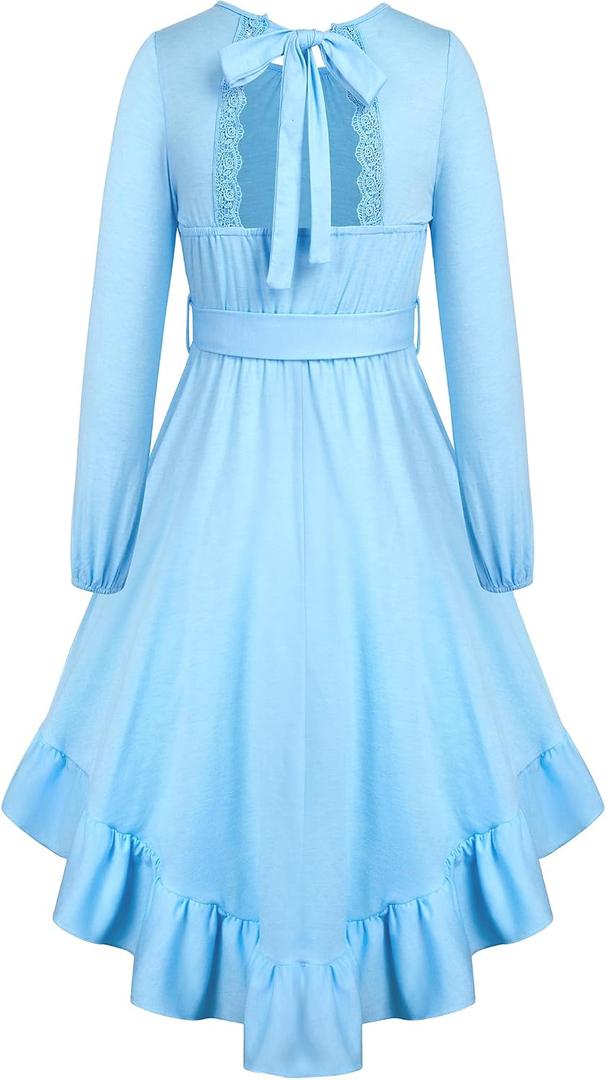 Dresses for Girls 10-12 Blue Tween Spring Long Sleeve Lace Backless High Low Ruffle Swing Maxi Kids Easter Wedding Formal Party Dress