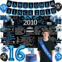 Trgowaul Happy 16th Birthday Decorations for Boys, Black Blue Back in 2010 Birthday Party Supplies, Vintage Blue 2010 Poster Banner, Bruh I'm 16 Sash, 16th Cake Topper, Latex Balloon, 16 Year Old Set