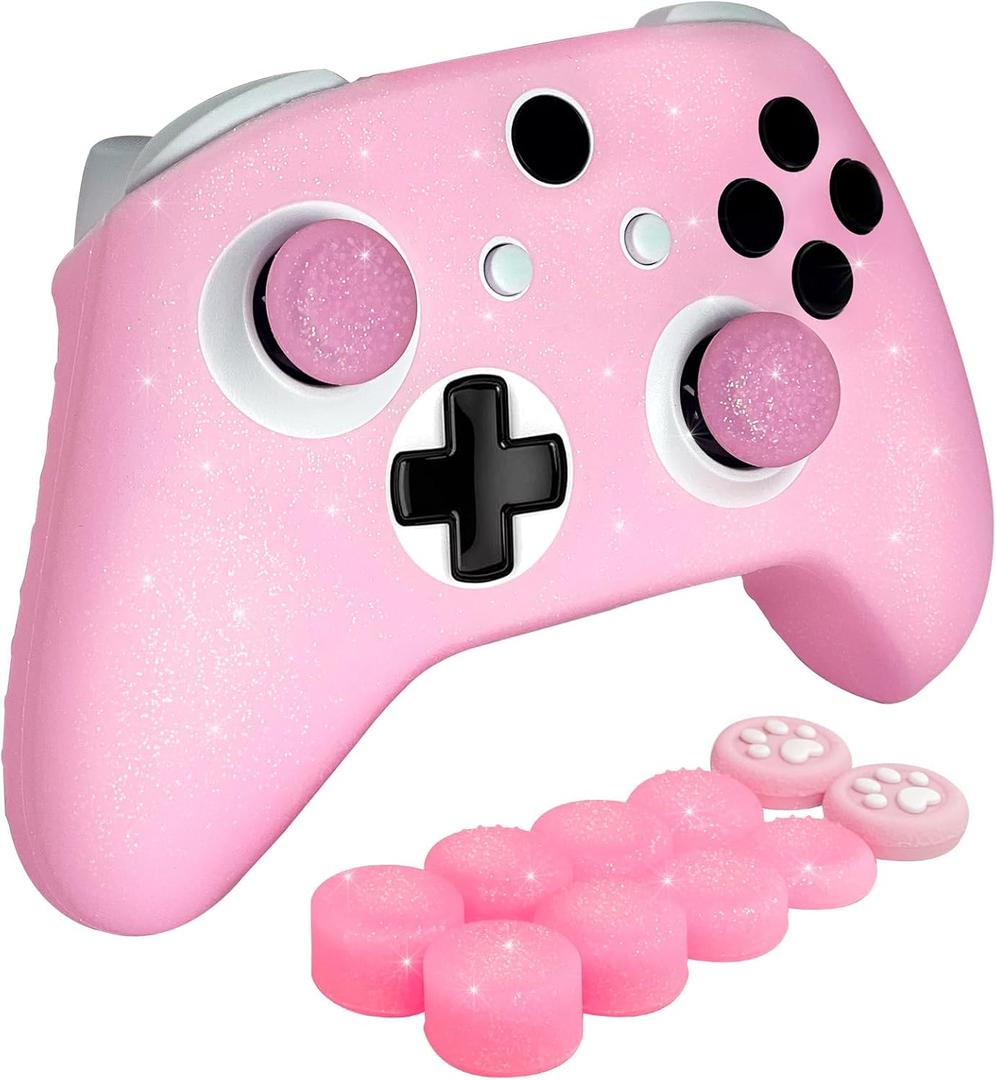 HLRAO Pink Glitter Anti-Slip Protective Silicone Cover Skin Grips Compatible with Xbox ONE S/X Controller,8 PCS Glitter Thumb Grips Caps and 2 Grips Caps.