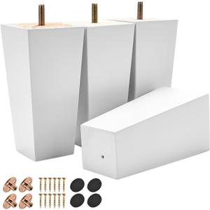 4 inch Solid Wood Furniture Legs, 4Pcs Mid-Century Modern Wooden Pyramid Replacement Feet with Threaded 5/16'' Hanger Bolts & Mounting Plate & Screws for Sofa Couch Chair Recliner (White)