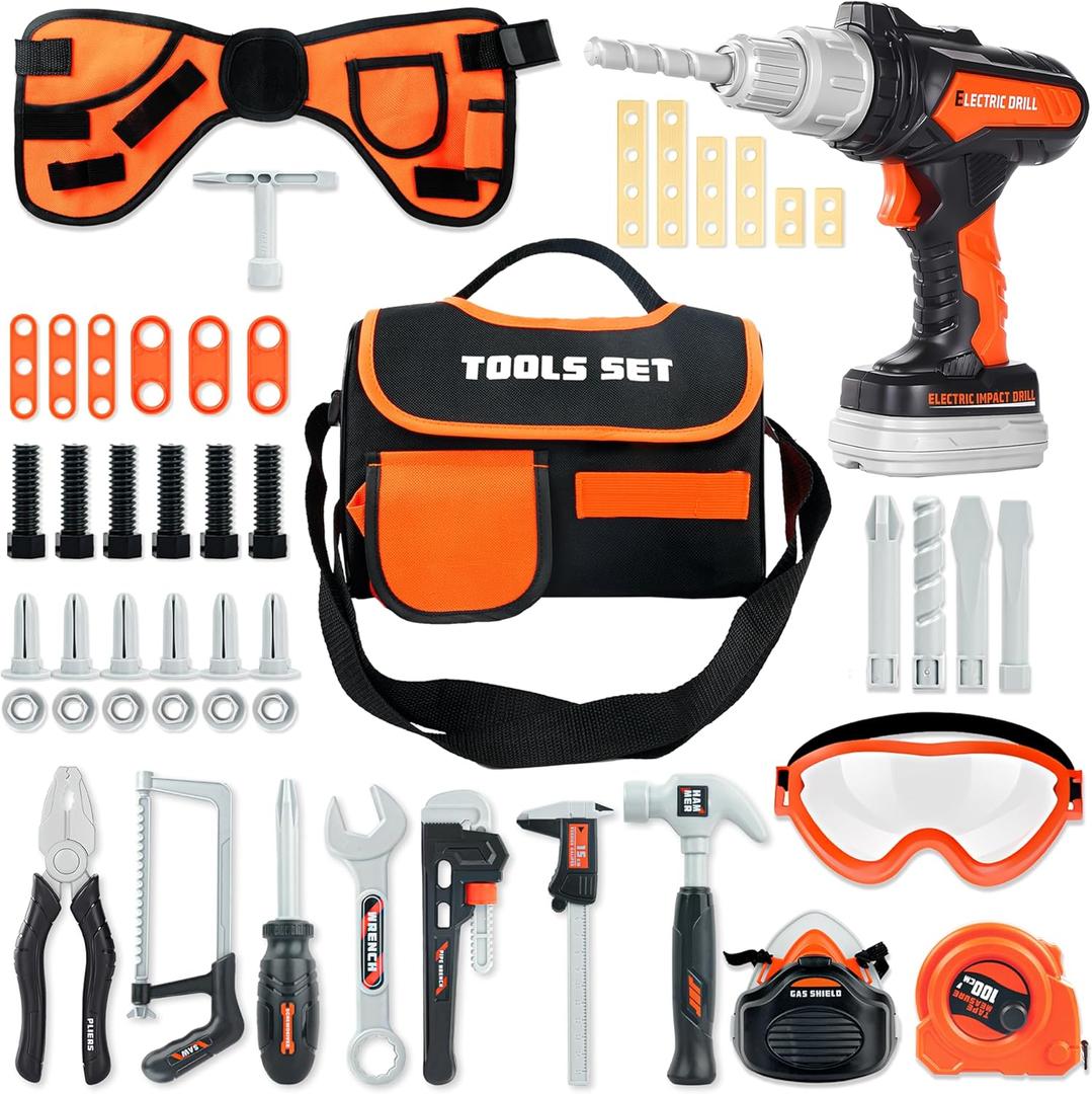 SMILESSKIDDO Kids Tool Sets for Boys Ages 4-6, 48pcs Toddler Tool Set with Electronic Toy Drill, Kid Tool Belt, Tape Measure. Pretend Play Construction Tools Toy Gifts for Boys Girls Ages 3+