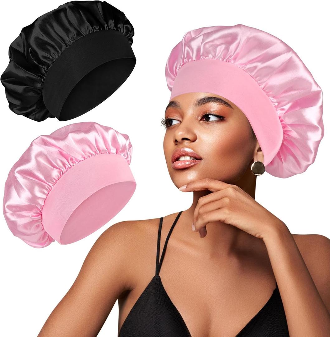 2 Pcs Silky Hair Bonnets - Women's Elastic Band Caps for Curly Hair Care Black+Blush Pink