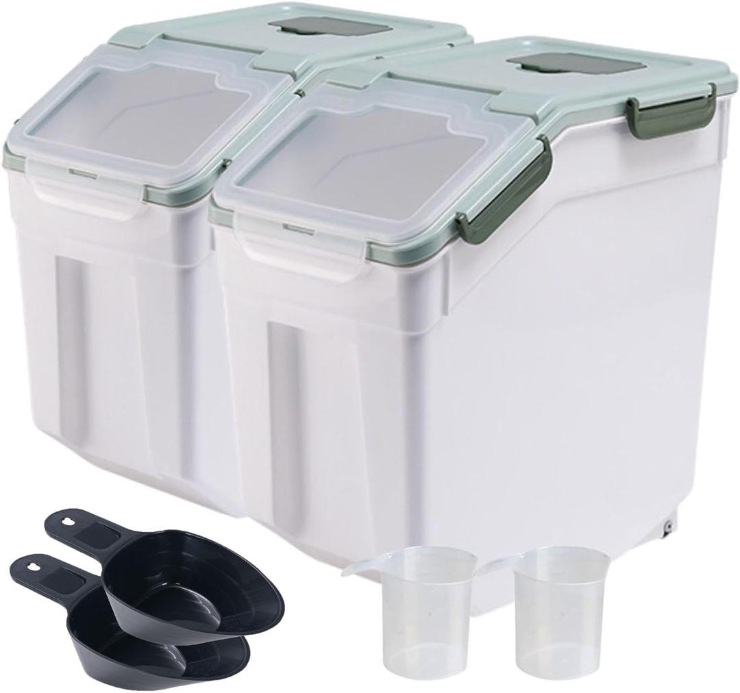 2 Pack Large Flour Storage Container 50 lb Airtight Rice Storage Container with Lid, Wheels, Measuring Cup, Scoop, Plastic Flour Sugar Bin Organizer for Grain Cereal, Rice Dispenser (Green)