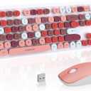 Keyboard and Mouse Wireless,Cute Retro Wireless Keyboard Mouse Combo with Round Key,2.4Ghz Dropout-Free Connection,Typewriter Wireless Keyboard Mouse Set for PC Laptop Desktop Computer-Pink Colorful