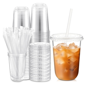 50 Sets Clear Plastic Cups with Lids and Straws, Disposable Iced Coffee Cups Drinking PET for Cold Drinks, Juice, Smoothie, Coffee Shops, Party, Christmas(Clear,16 oz)