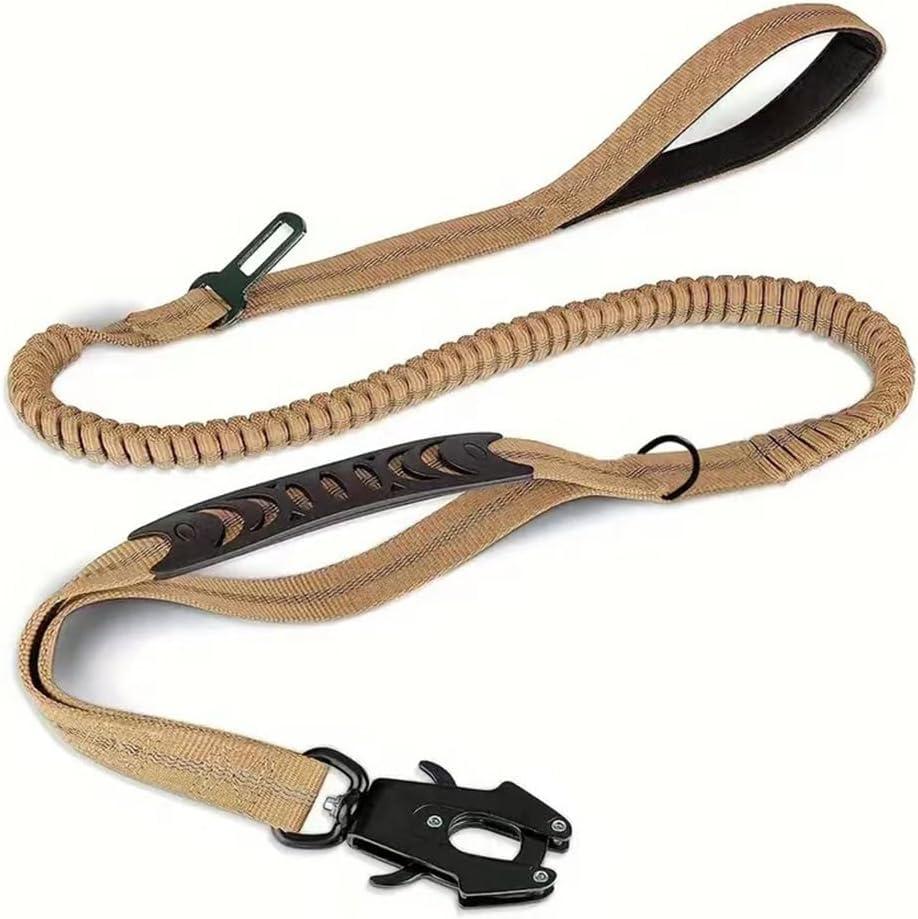 Heavy Duty Dog Leash for Large Dogs, 5ft Shock Absorbing Bungee Lead with Traffic Handle, Frog Clip & Car Safety Belt for Outdoor, Strong No Pull Leash for Small Medium Large Breeds, Khaki