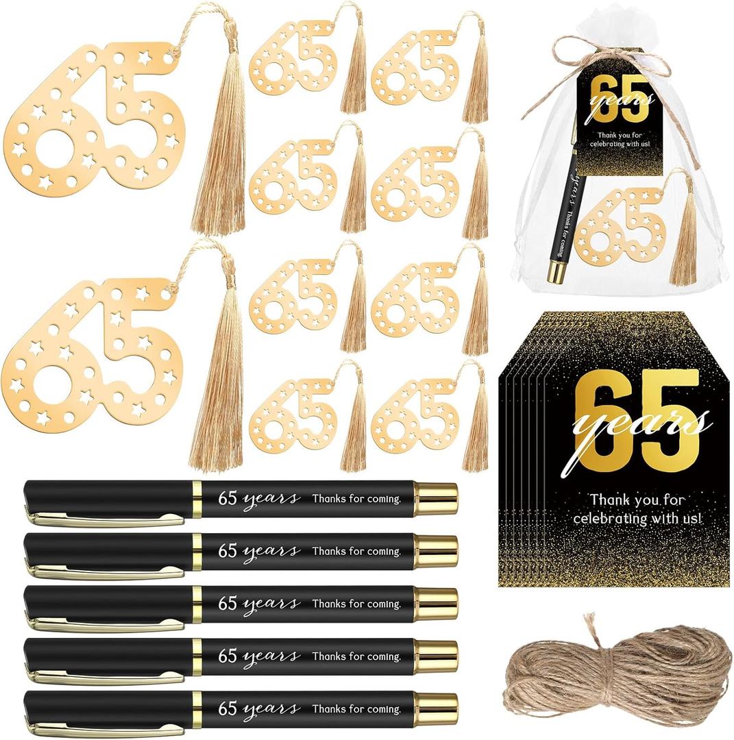 Spakon 25 Set 65th Birthday Party Favor for Guest Anniversary Party Favor Golden Birthday Bookmark Thanks for Coming Pen with Tag Appreciation Gifts for Women Men Wedding New Year