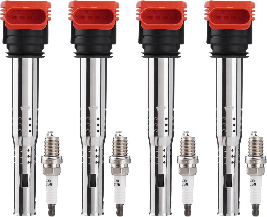 Ignition Coil Packs UF529 & Spark Plugs Set of 4,Compatible with Audi Volkswagen VW 2005-2016 A3 A4 A5 R8 A6 A7 Q7 S4 TT 2006-2016 Jetta MK5 MK6 GTI Rabbit Golf Passat CC Tiguan,OE Replace C1631 UF575