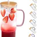 32oz Ribbed Glass Cup with Handle Bamboo Lid and Straw, Glass Tumbler, Iced Coffee Cups Hot/Cold Drinks (Pink Handle)