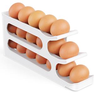 Egg Holder for Fridge, 3 Tiers Auto Rolling Egg Storage Organizer for Refrigerator, Slim Space Saving Container, Dispenser - Egg Roller for Eggs 18 Count