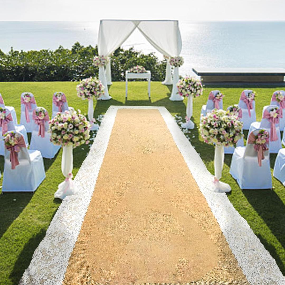 Burlap Aisle Runner for Wedding Ceremony, 3ft x 20ft Natural Burlap Wedding Aisle Runner with Lace, Jute Vintage Seamless Rustic Charm Wedding Runner Aisle Outdoor