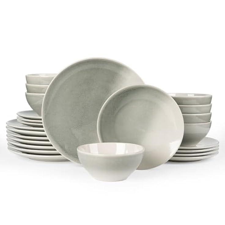 Famiware Glacier Dinnerware Sets, Plates and Bowls Dish Sets for 8 (24 Pieces), Stoneware Tableware - Dishwasher and Microwave Safe, Handcrafted Reactive Glaze, Sage Green