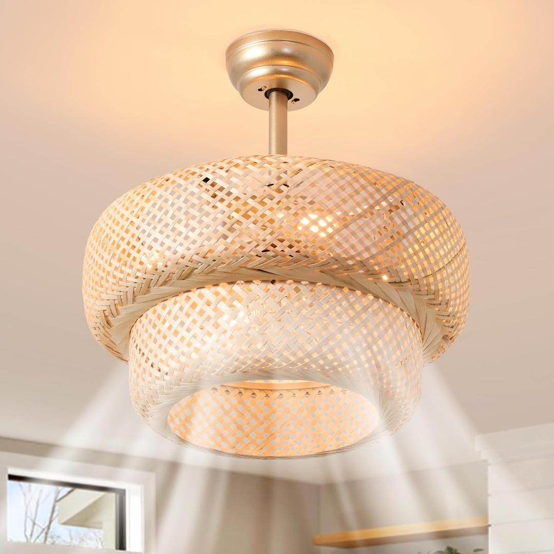 Boho Caged Ceiling Fans 18.9" Rattan Ceiling Fan Bamboo Kitchen Light Fixture with Fan Fandelier with Lights and Remote 6 Speeds for Bedroom Nursery Living Room, E26 Base (H024)