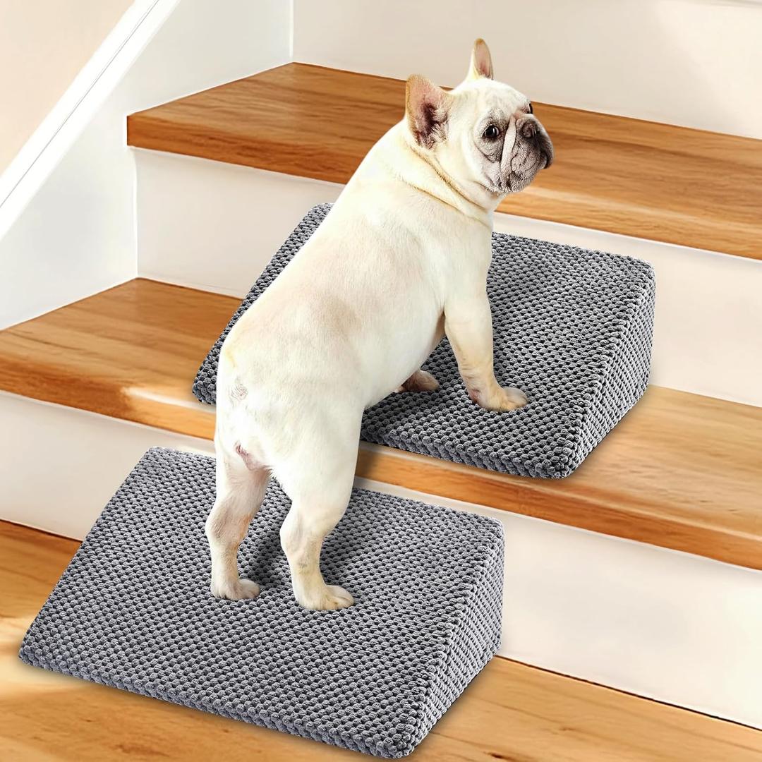 Dog Ramp for Stairs for Small & Senior Dogs and Cats  Non-Slip Stair Wedges for Dogs with Gentle Slope, Pet Ramp with Washable Cover & Self-Sticky Pads for Safe Climbing (Gray, 2 Pack)