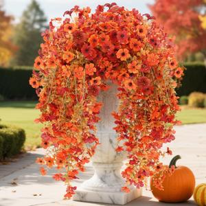 Artificial Halloweeen Hanging Fall Flowers for Outdoors, 2 Bundles UV Resistant Faux Flowers for Autumn Porch Decor, Waterproof Hanging Plants for Garden (Orange Red)
