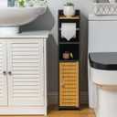 AOJEZOR Toilet Paper Holder Stand: Small Bathroom Storage Cabinet - Black - Bamboo (29.9H inch)